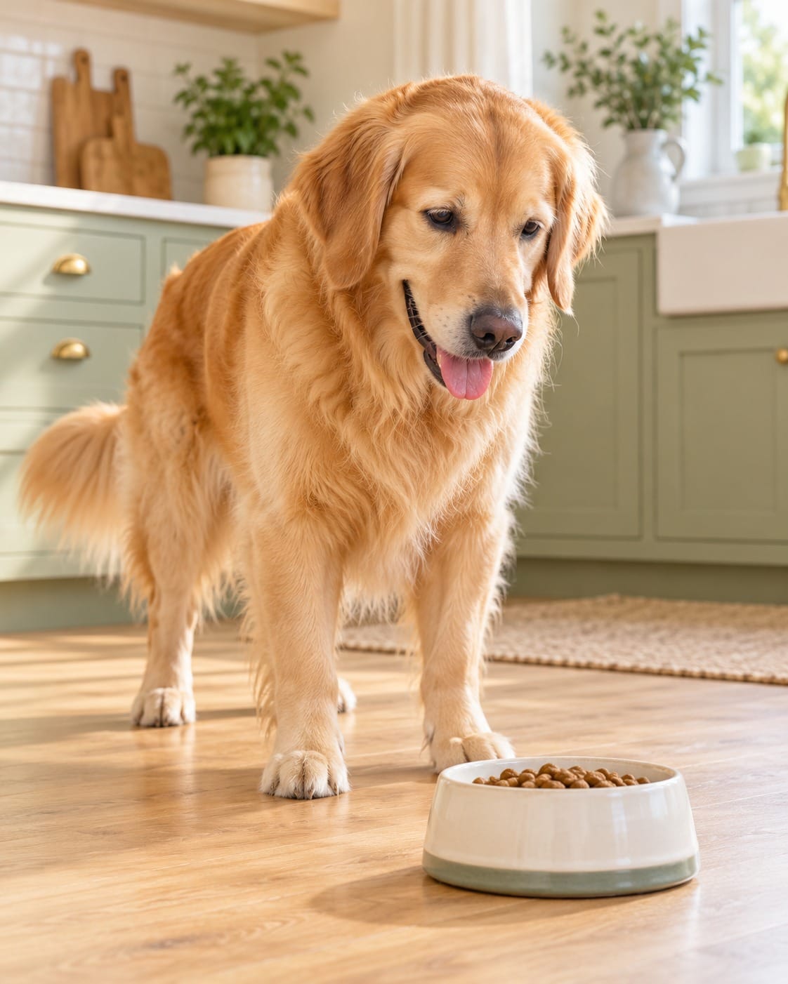 Golden retriever at mealtime