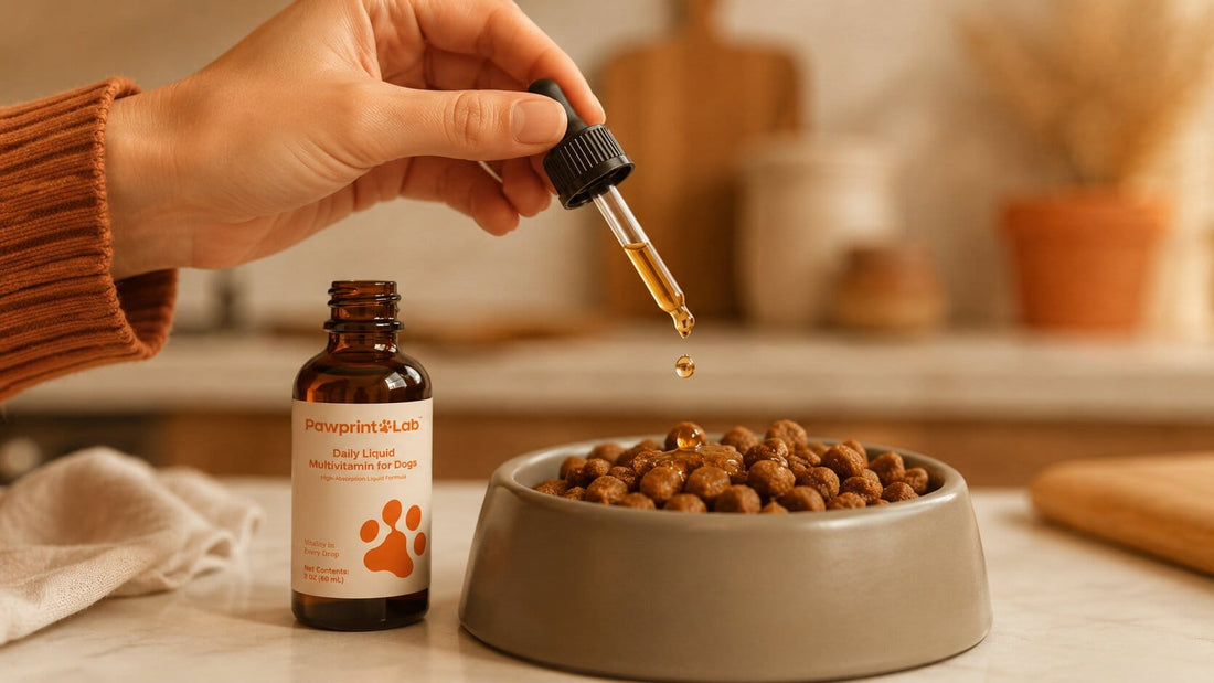 Dropper adding Pawprint Wellness Protocol onto a bowl of dog food