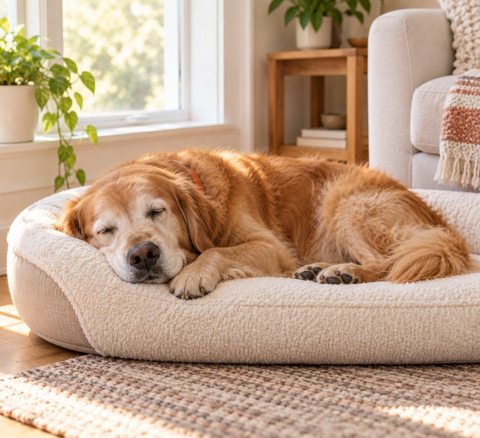 The same golden retriever curled up on a comfortable bed in afternoon window light.