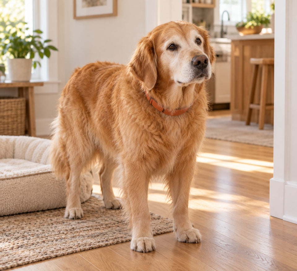 The same golden retriever beside its bed, looking toward the kitchen in soft morning light.