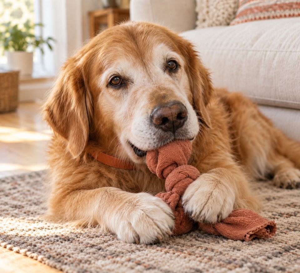 The same golden retriever with a favorite fabric toy on the living-room floor.