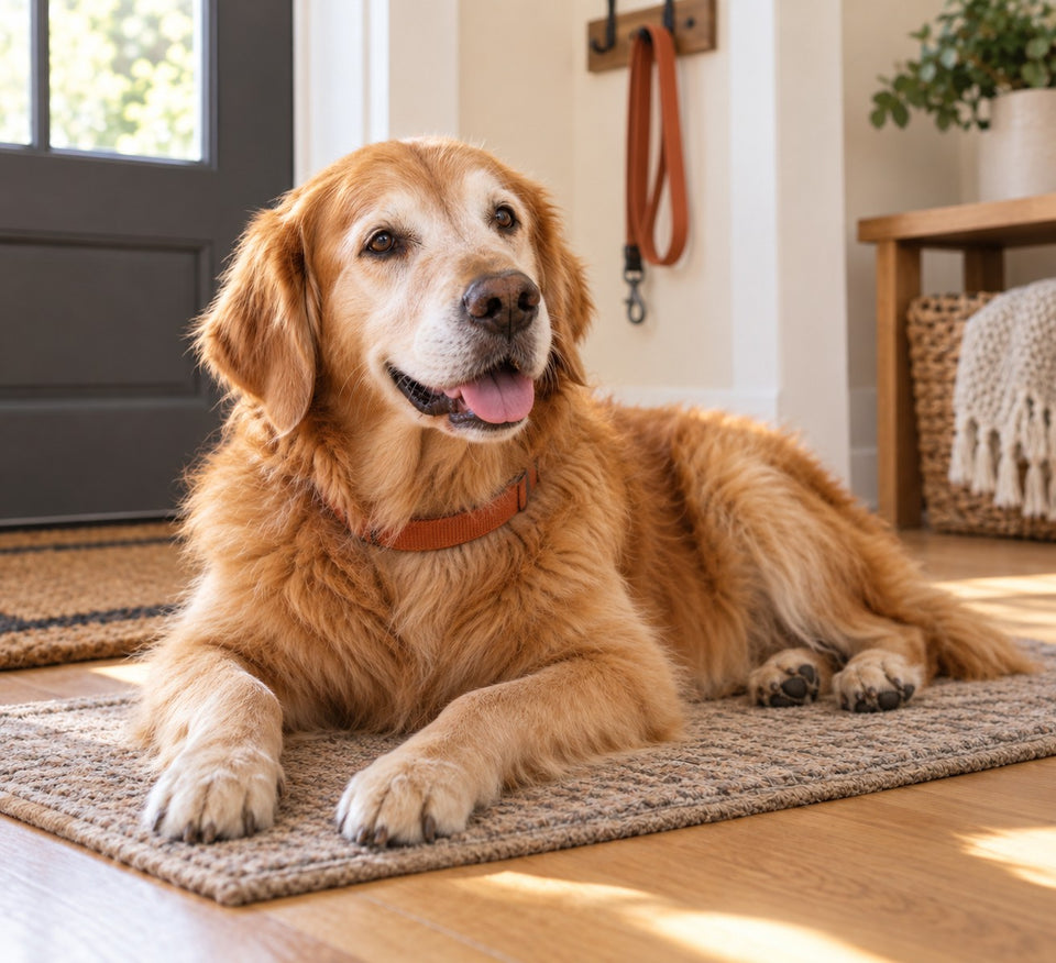 The same golden retriever resting near the entryway after an outing, with a leash hanging nearby.