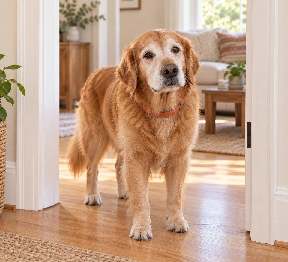 The same golden retriever standing comfortably at a doorway between two familiar rooms.