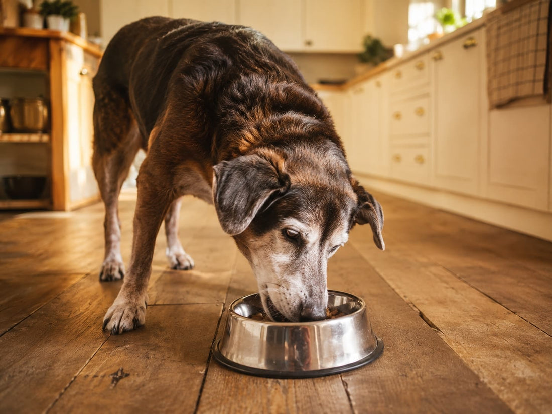 Senior dog eating from a bowl in a warm kitchen