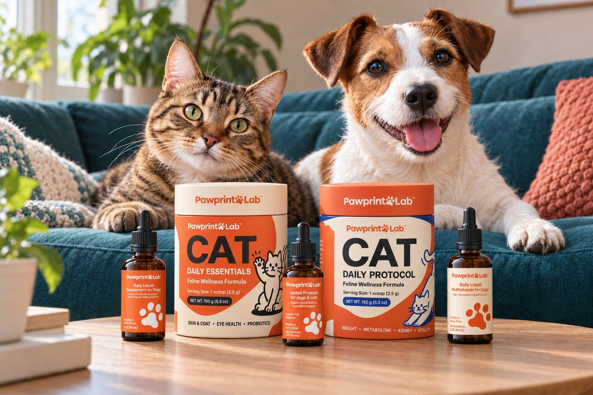 Illustrative Jack Russell terrier and tabby cat on a blue-green sofa behind five Pawprint Lab supplements
