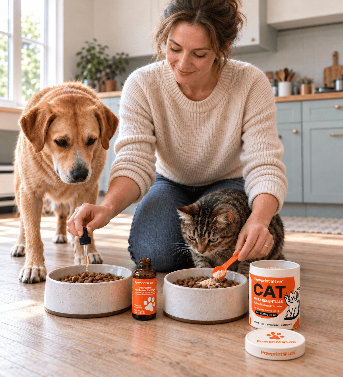 Illustrative owner adding Pawprint Protocol drops to dog food and Cat Daily Essentials powder to cat food with an orange scoop