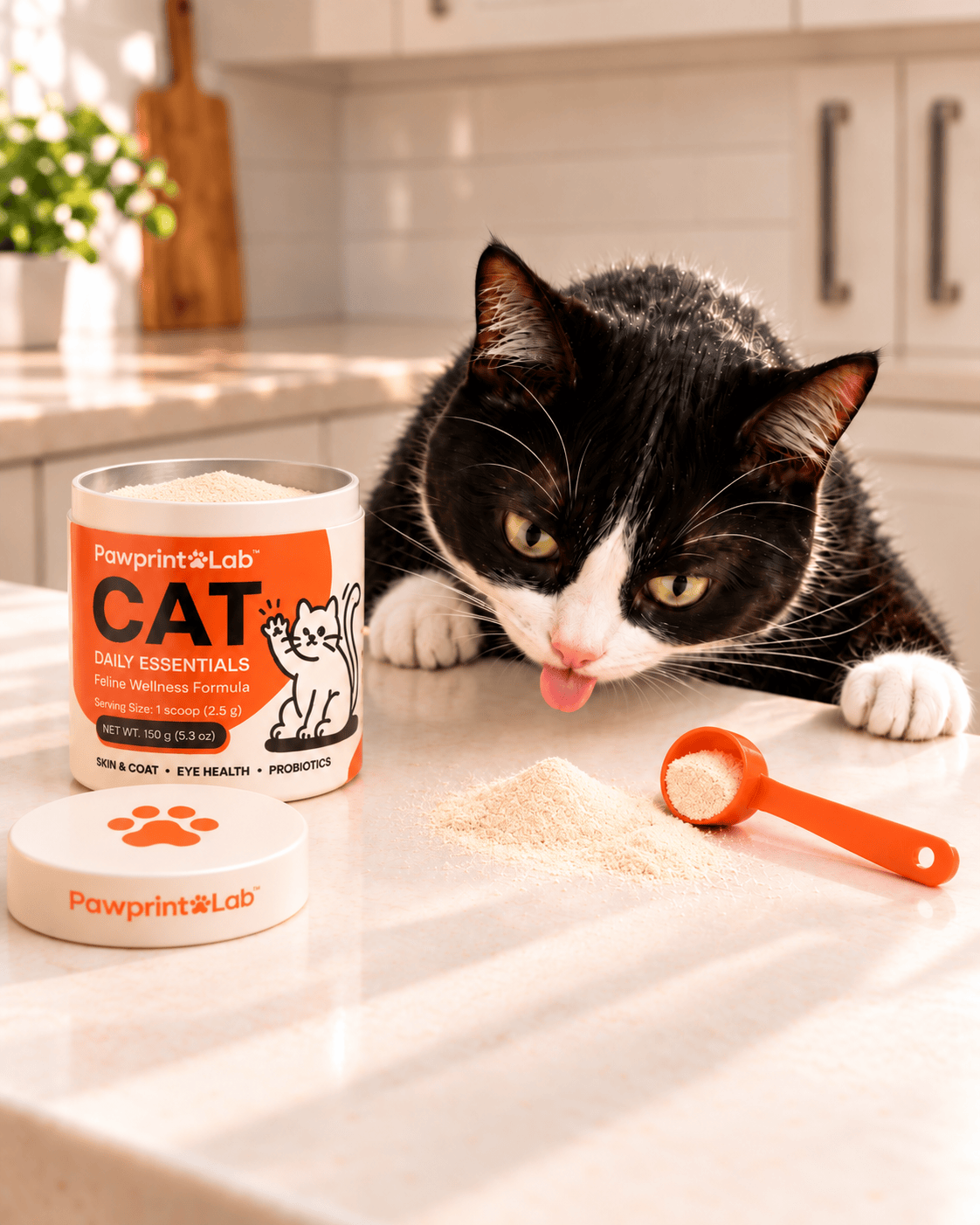 A black-and-white cat reaches toward cream-white powder beside an orange scoop and Pawprint Cat Daily Essentials canister