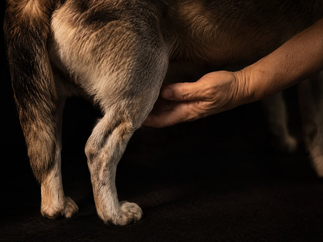 A hand gently supporting a senior dog as it stands