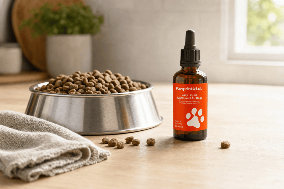 A dog bowl with a bottle of Pawprint Protocol beside it.