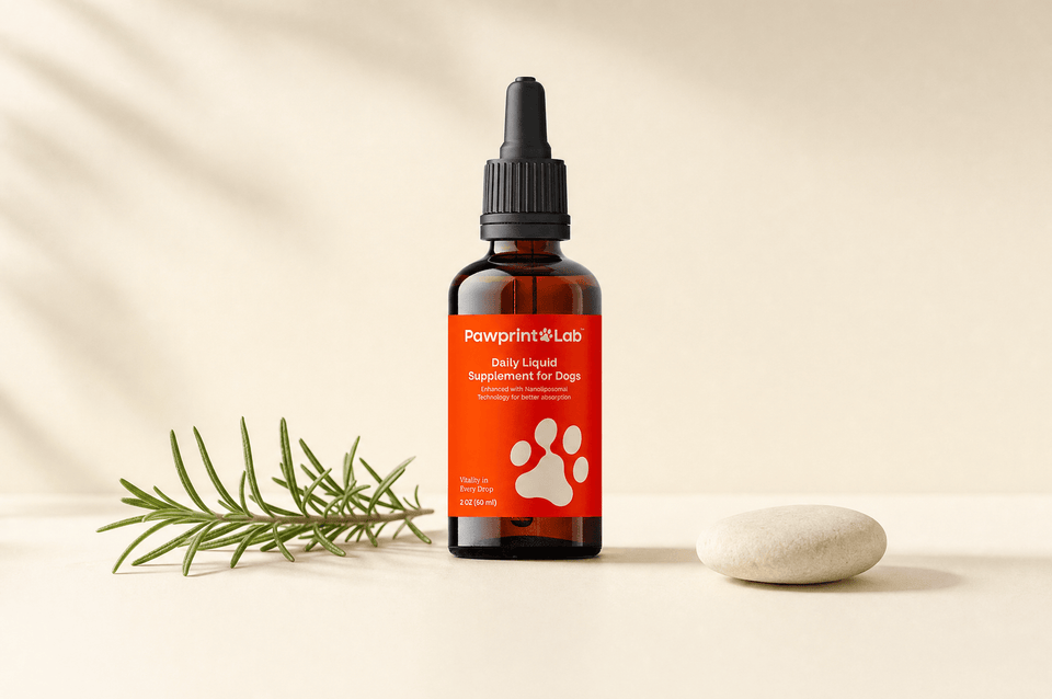 A bottle of Pawprint Protocol liquid drops with its dropper.