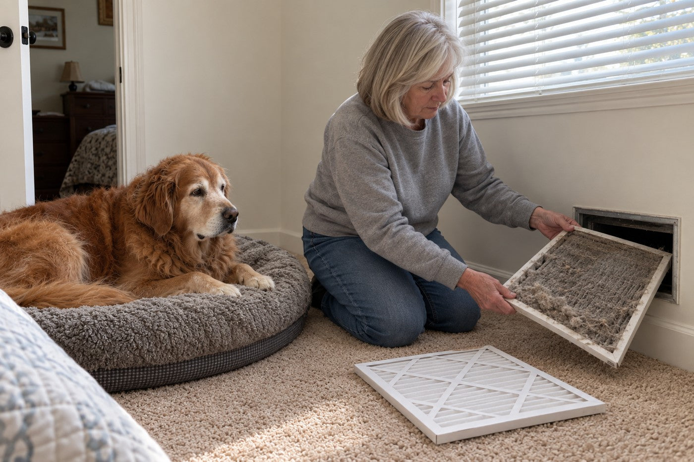 A woman kneels by a low wall vent and pulls out an old air filter thick with grey dust, a clean new filter beside her, while an old golden retriever watches from his bed