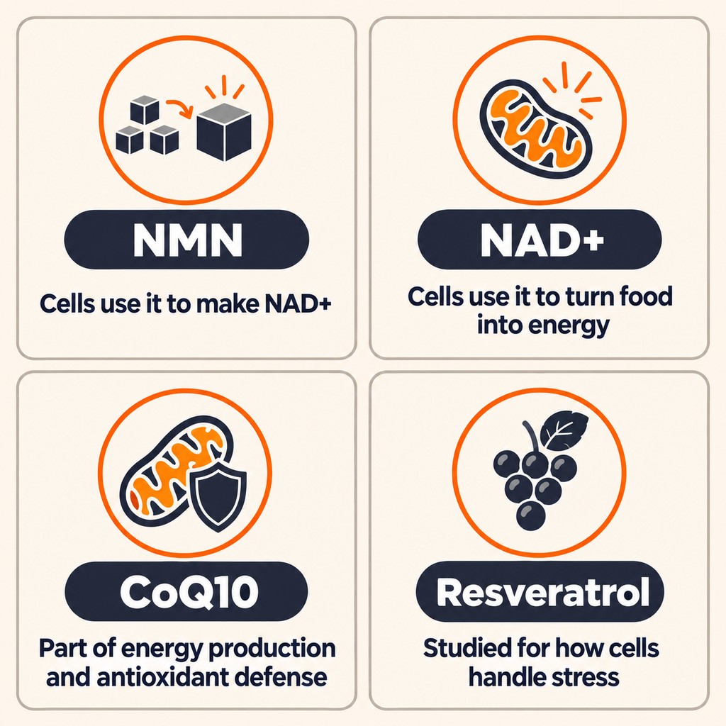 Four-part diagram. NMN: cells use it to make NAD+. NAD+: cells use it to turn food into energy. CoQ10: part of energy production and antioxidant defense. Resveratrol: studied for how cells handle stress