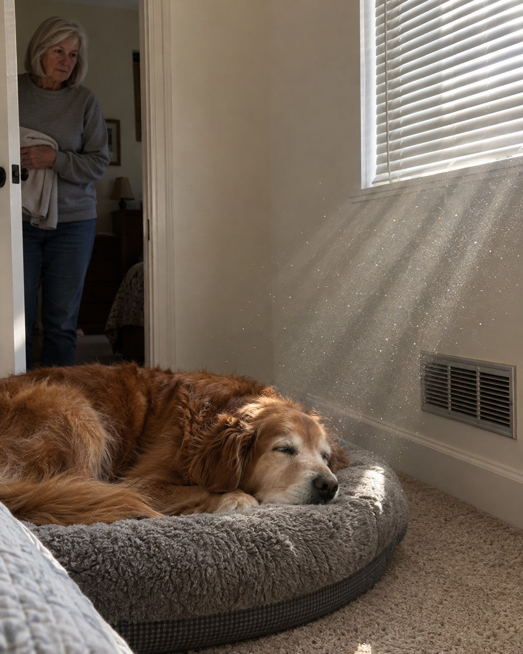 In a sunny back bedroom, an old golden retriever sleeps on his dog bed beside a low air vent while beams of afternoon light show hundreds of specks floating in the air above him; a woman holding a towel has stopped in the doorway, watching