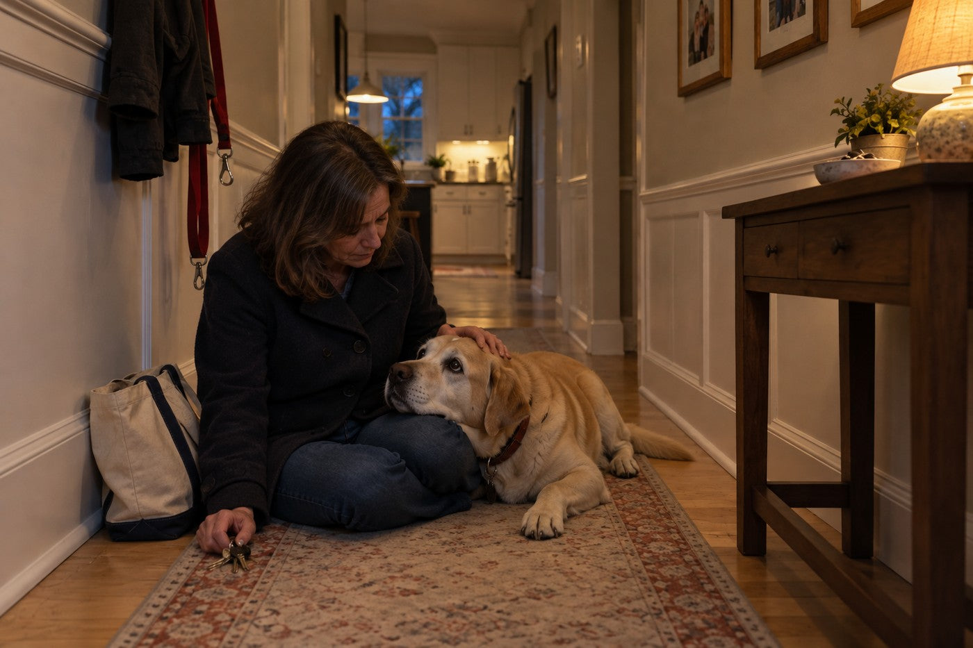 In a dim hallway at dusk, a woman still in her coat sits on the rug beside her old yellow Labrador; his chin rests on her knee, her hand is on his head and her keys are still in her other hand