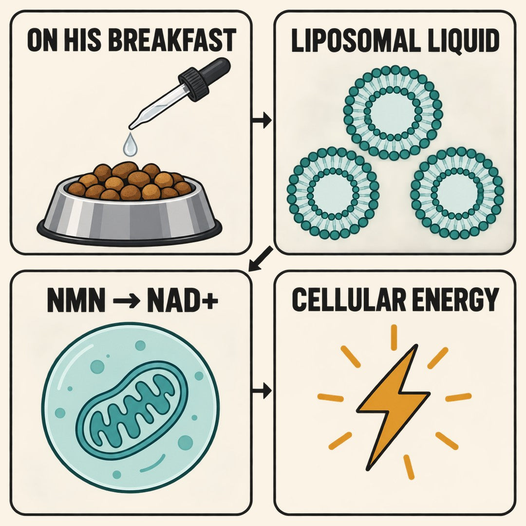 Four-panel diagram: a dropper over a food bowl, liposome spheres, a cell where NMN becomes NAD+, and a spark for cellular energy