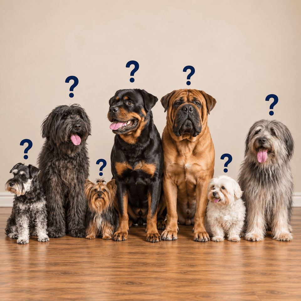 Seven breeds of dogs gathered beneath question marks