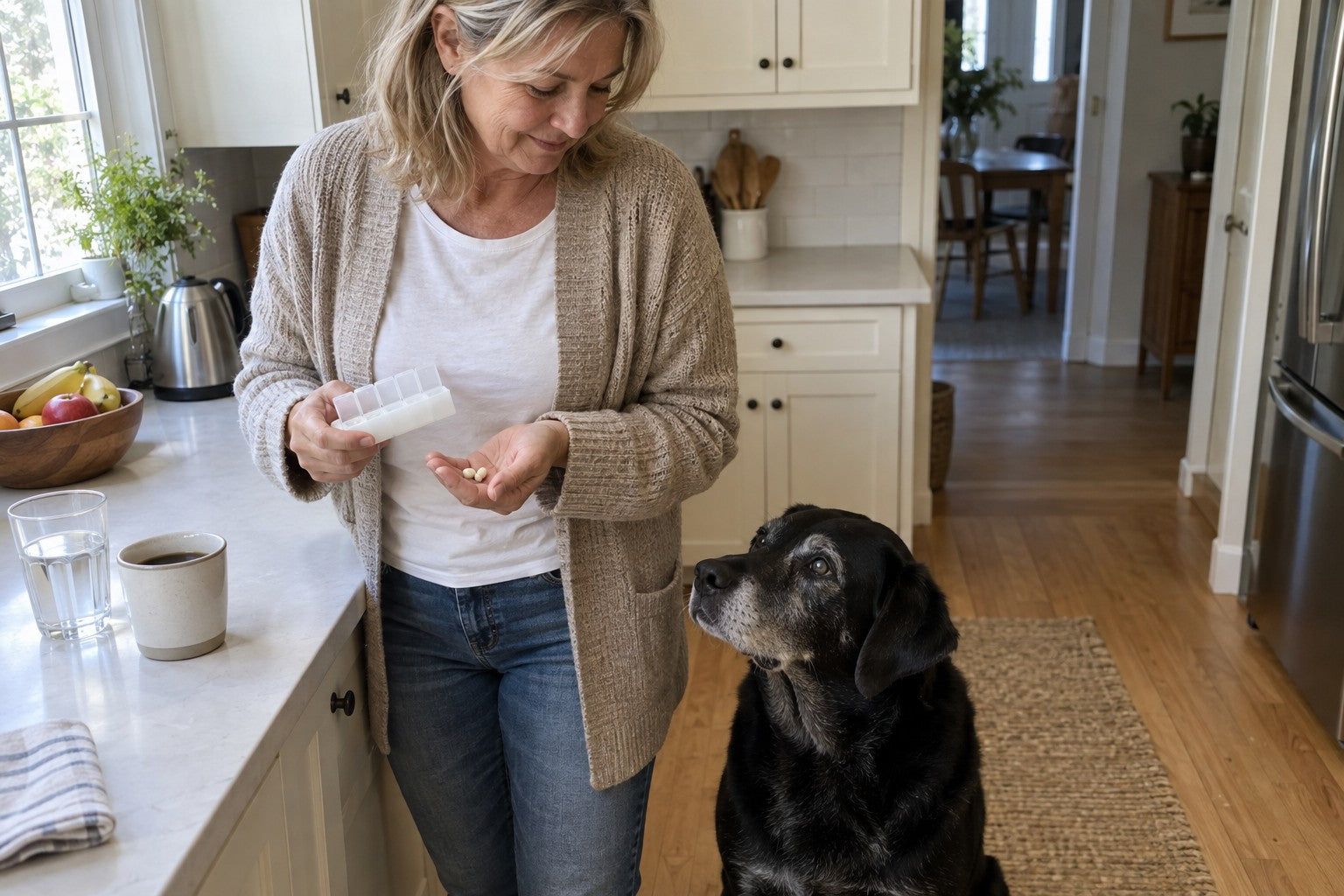 A woman in her late fifties tipping two capsules from a seven-day pill organizer into her palm at the kitchen counter while her old black Labrador mix sits against her leg, looking up at her
