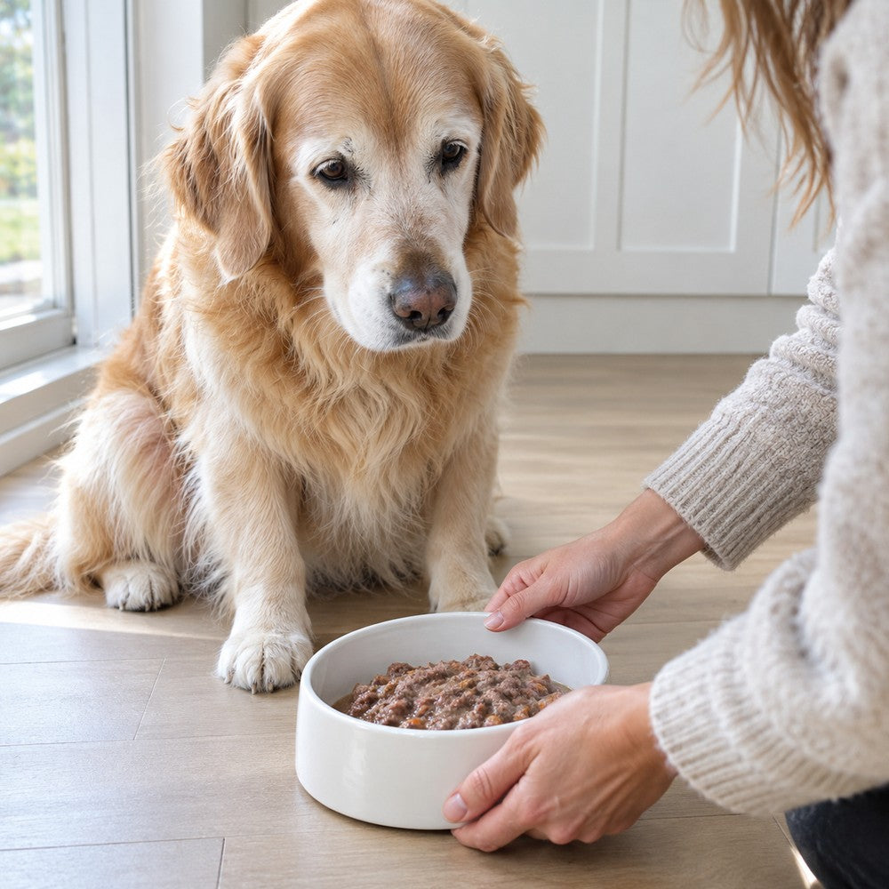 Illustrative scene: a senior golden retriever with a grey muzzle watching as his owner sets down a bowl of wet food