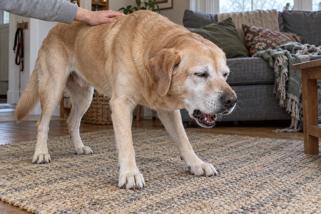 Illustrative image: a senior yellow Labrador on a flat-weave rug in a living room with his front legs braced and his head hanging low, his eyes shut and his mouth open in the middle of a dry cough, an owner’s hand resting on his back