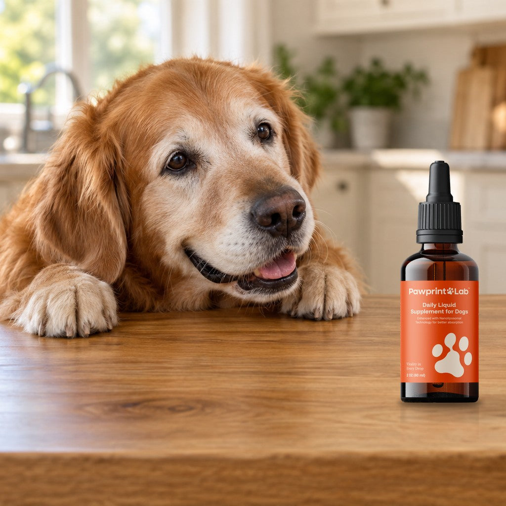 A happy senior golden retriever resting his chin on a kitchen table beside a bottle of Pawprint Protocol