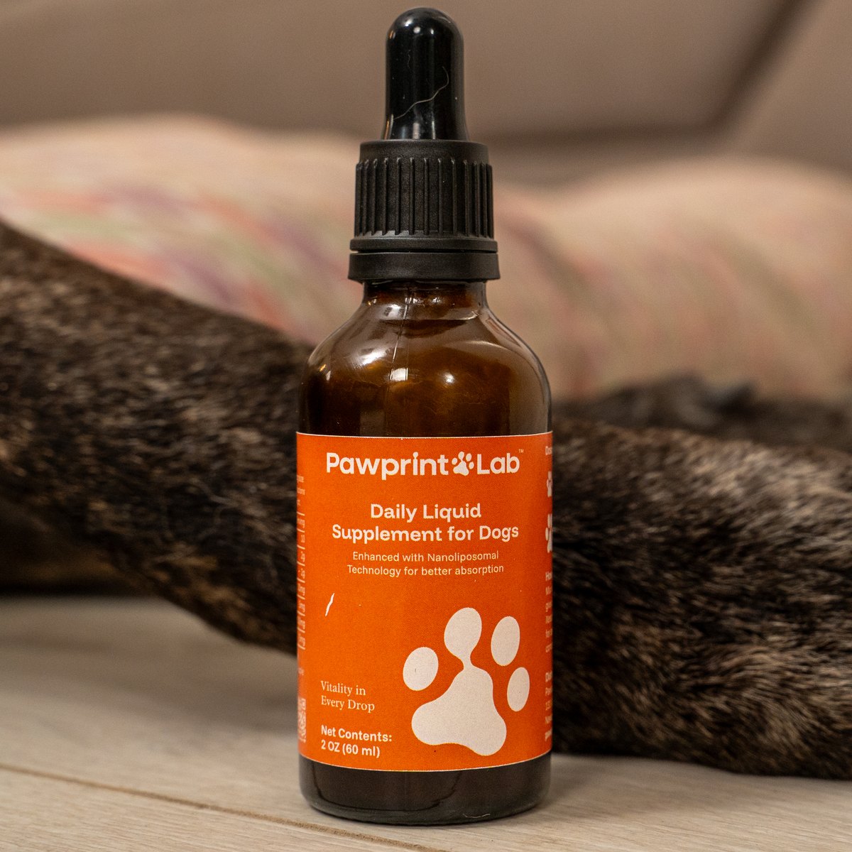 A bottle of Pawprint Protocol standing between the crossed front paws of an older dog