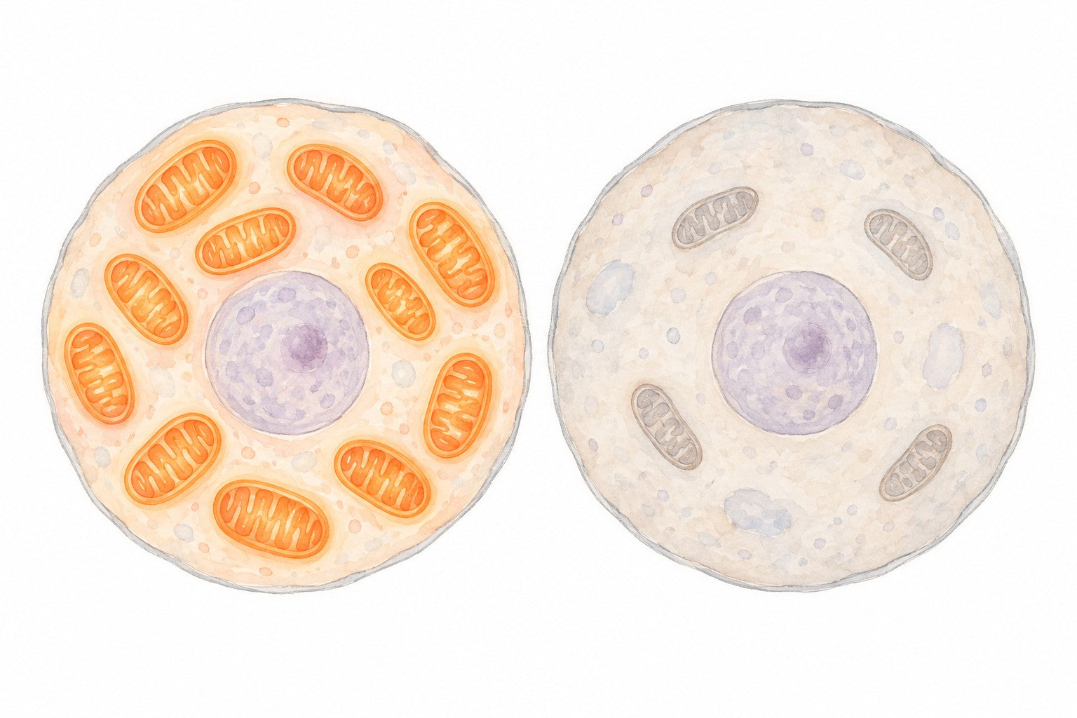 Two cells side by side: a younger cell packed with glowing orange mitochondria and an older cell with a few faded grey ones.