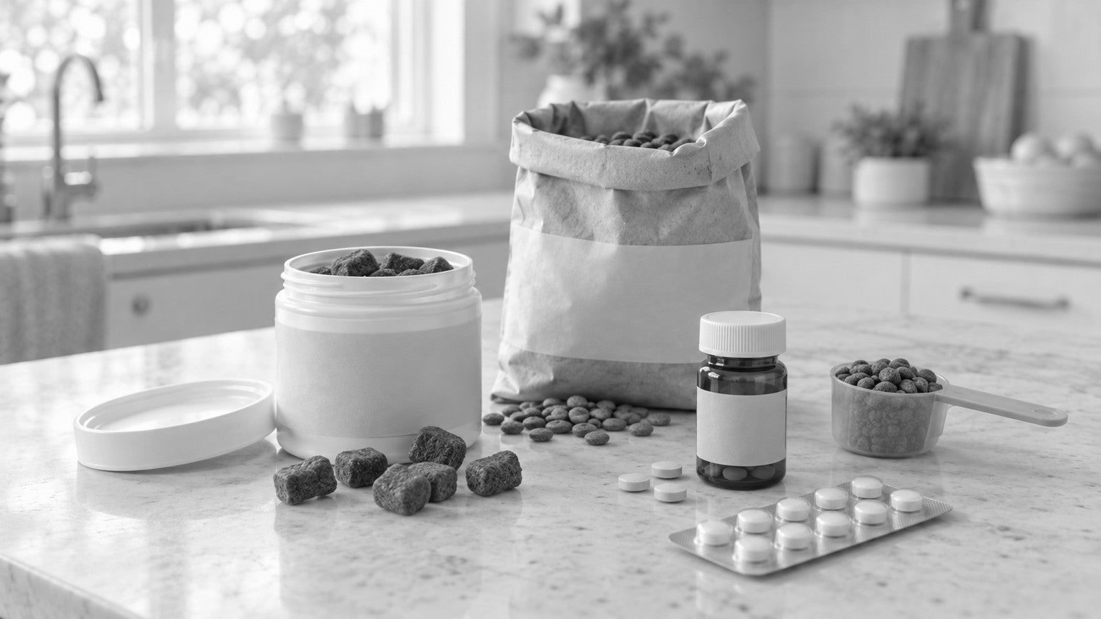 A black-and-white photo of a kitchen counter holding a tub of chews, a bag of kibble, a vial of pills and a blister pack.