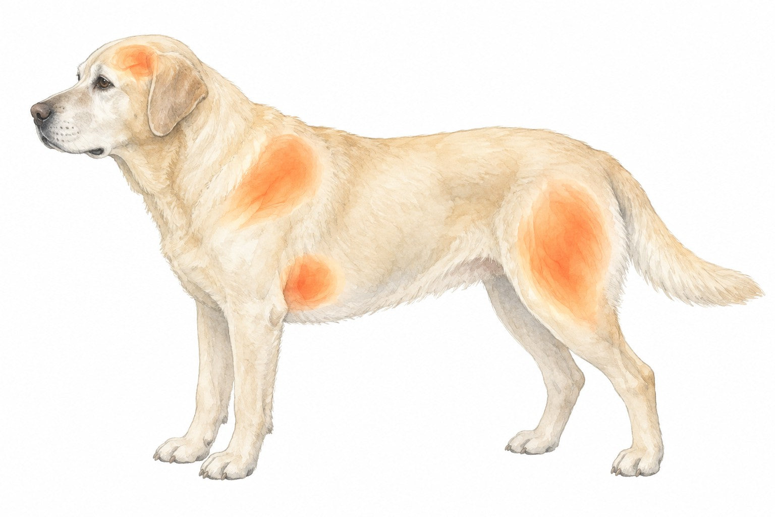 A senior Labrador seen from the side, with soft orange glows on the head, the shoulder, the chest and the hind leg.