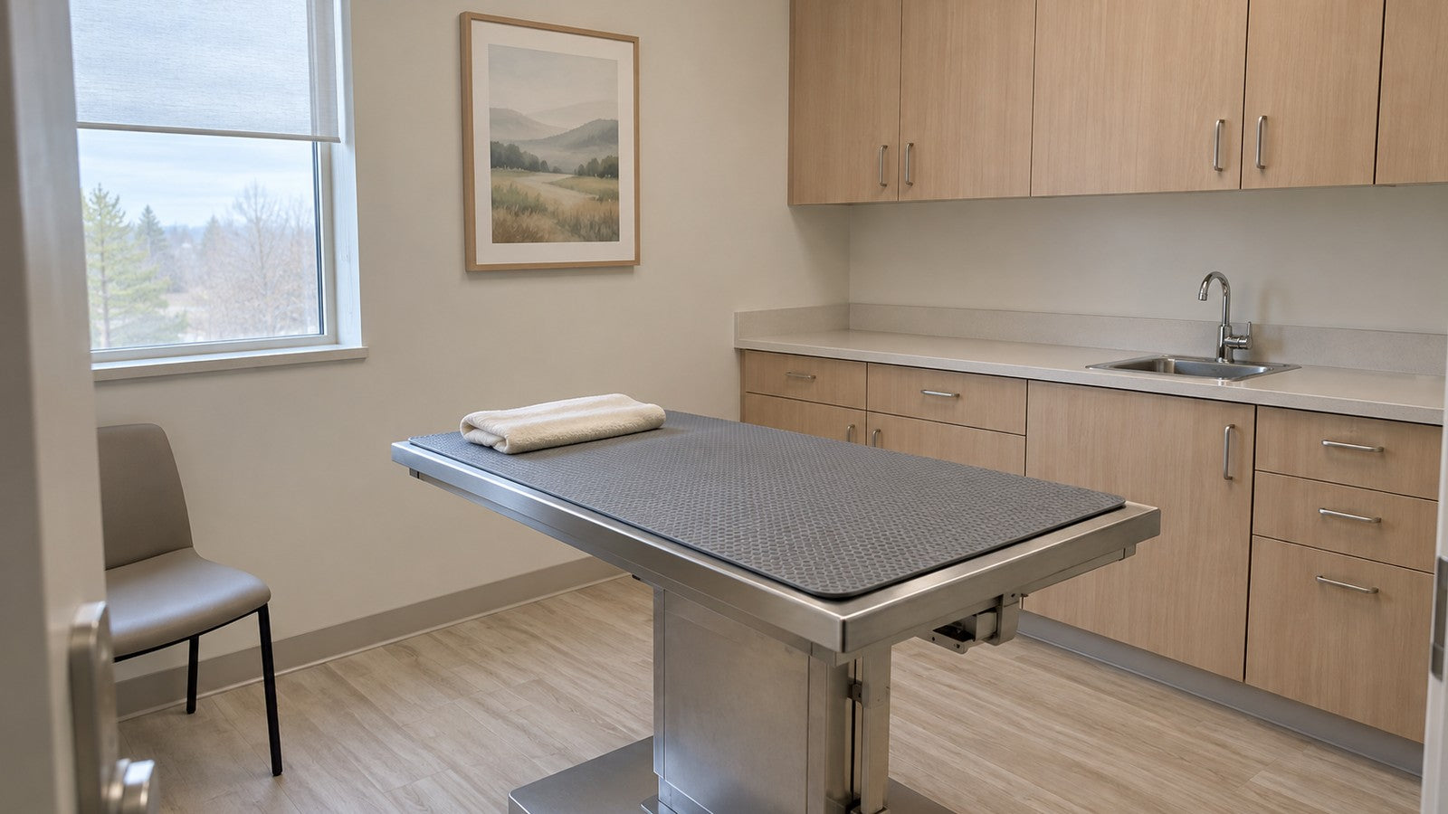 An empty veterinary exam room with a steel table, light wood cabinets and a window.