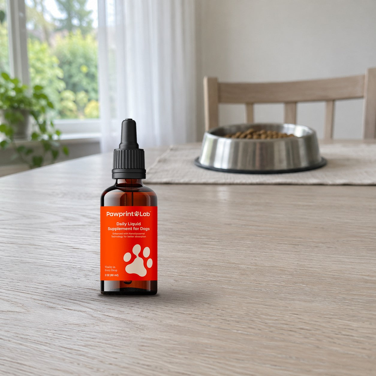 A bottle of Pawprint Protocol on a dining table beside a steel bowl of kibble, in window light.