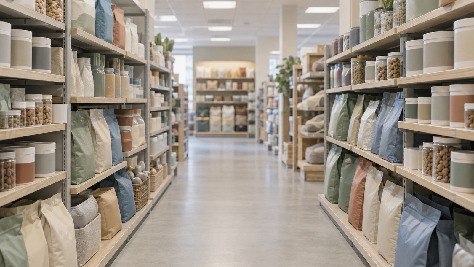 A store aisle lined with shelves of supplements, senior dog food and chews.