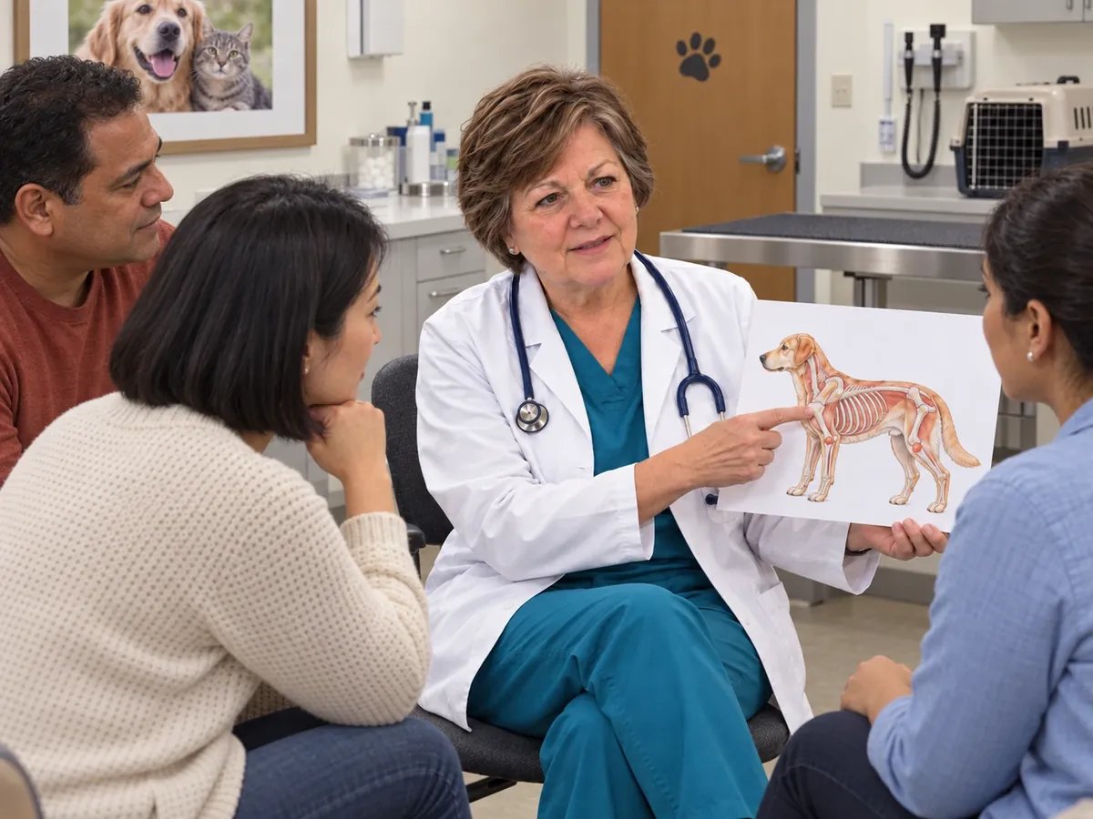 Dr. Montgomery explaining a dog anatomy drawing to three owners.