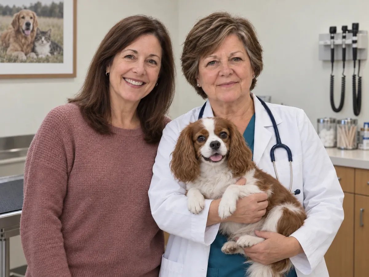 Dr. Montgomery with an owner and her Cavalier King Charles spaniel.