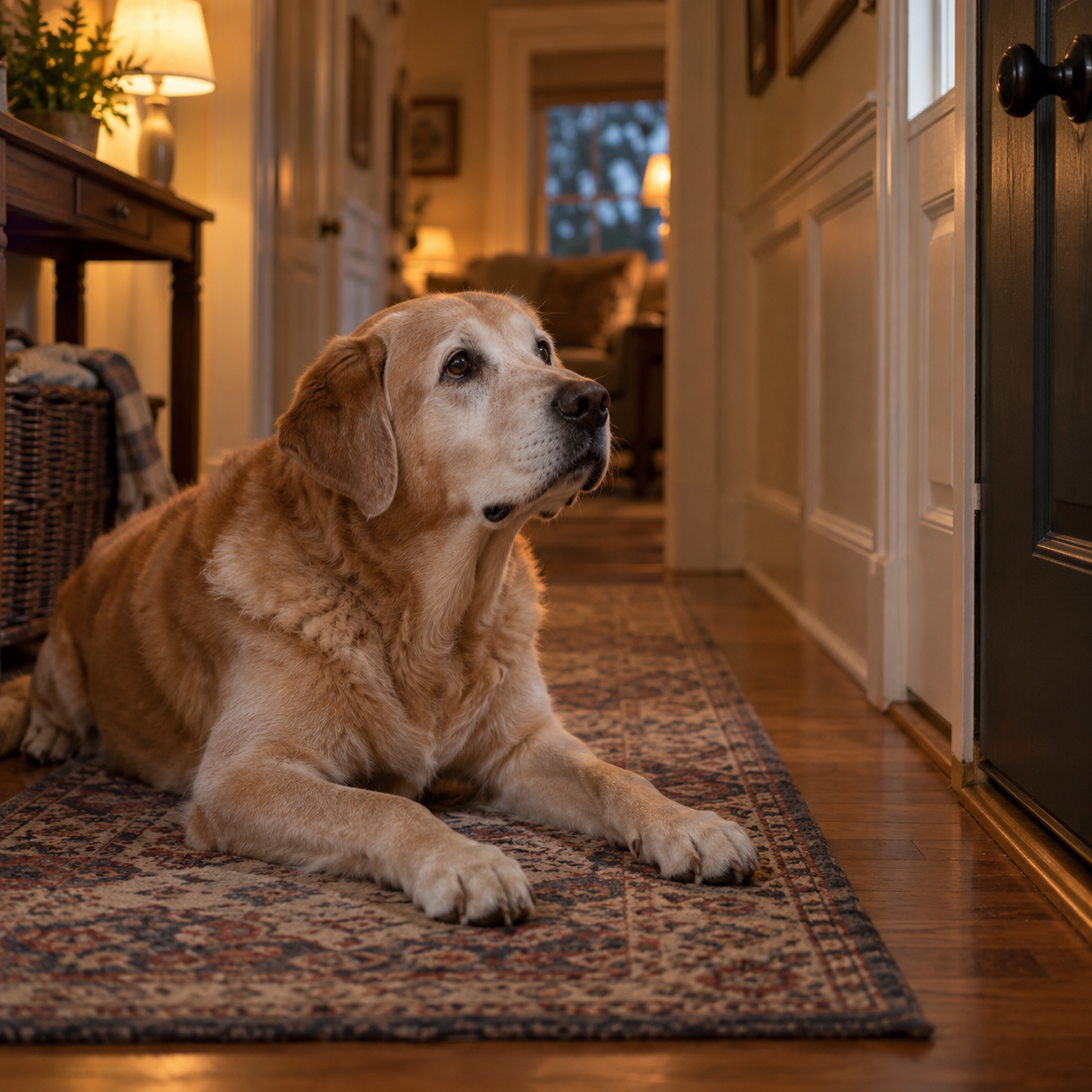 Illustrative senior golden Labrador lifting his head toward the front door while resting on a hallway rug