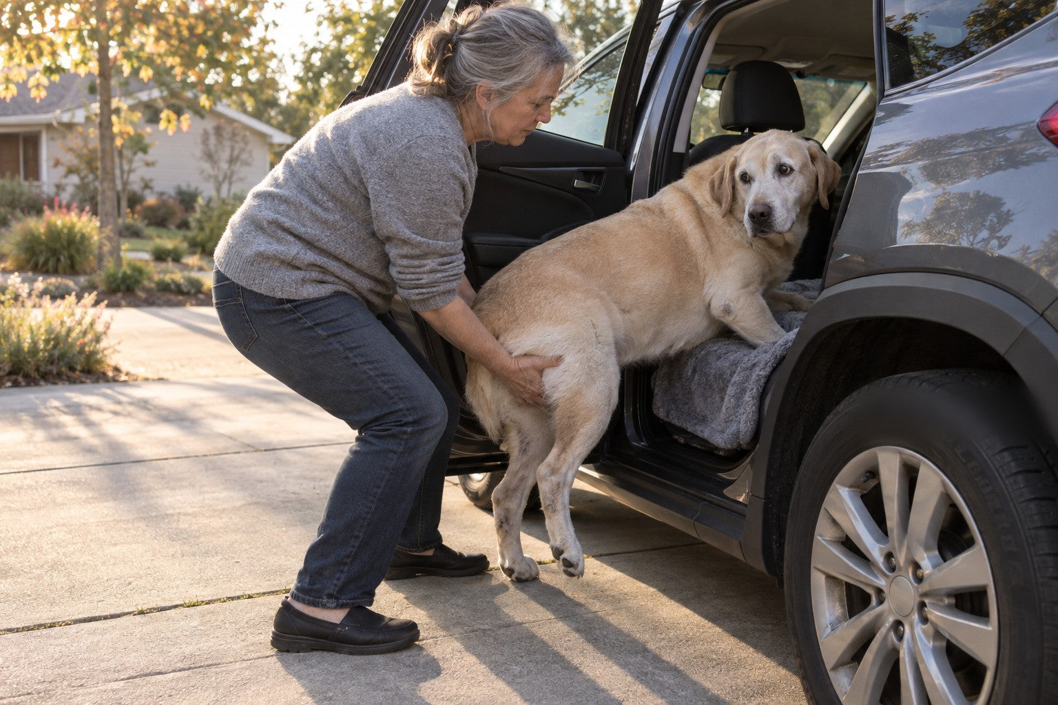 An older woman bending behind an old yellow Labrador at the open back door of a car, both arms under his belly, lifting his weak hindquarters while his front paws rest on the seat