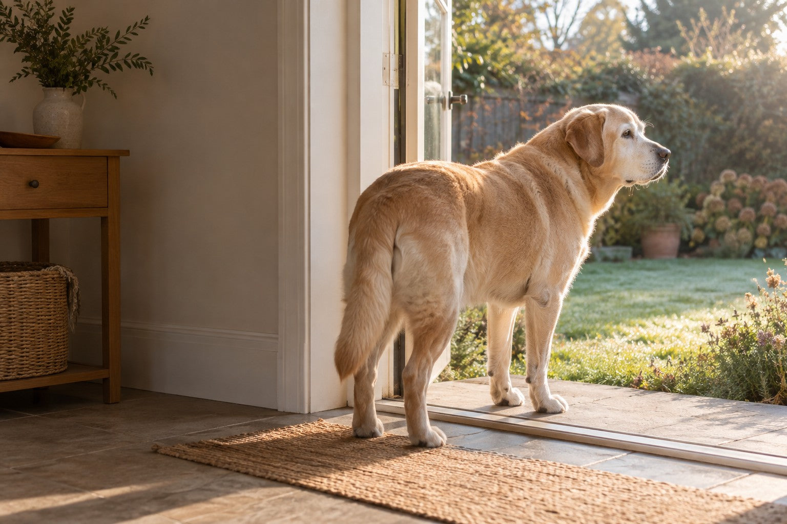 An old yellow Labrador standing calmly in an open back doorway, looking out at a dewy lawn in first light