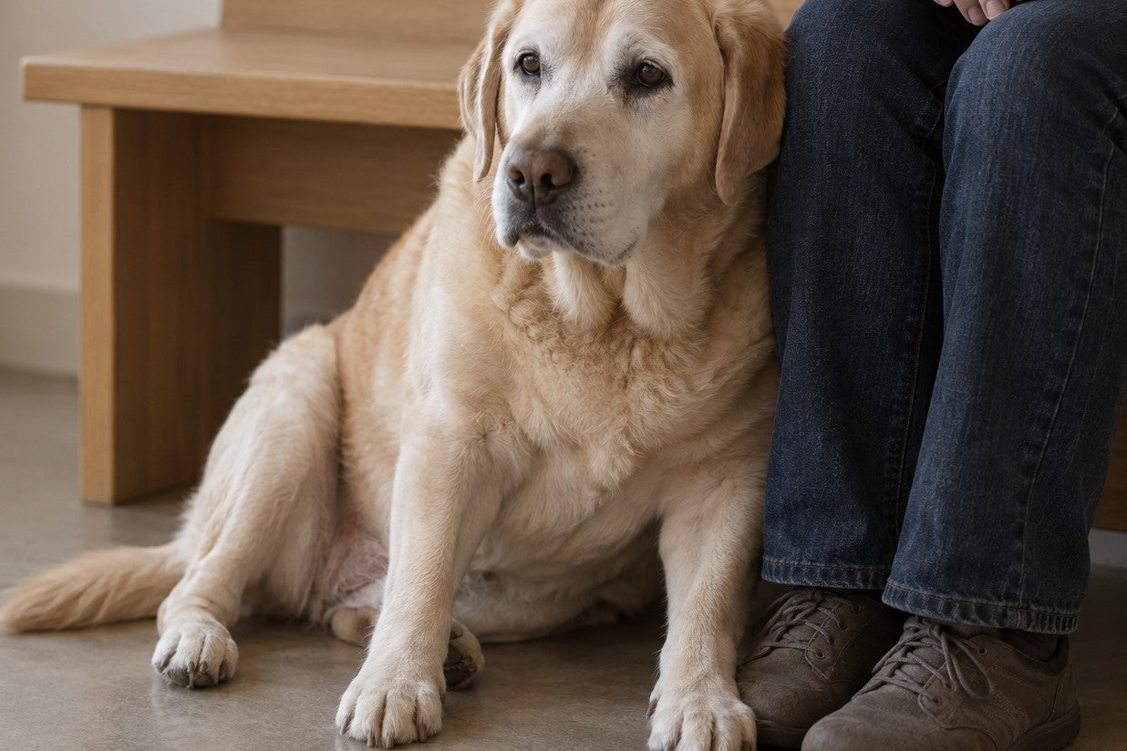 An old yellow Labrador sitting calmly on the floor of a quiet waiting room, leaning against his owner’s legs