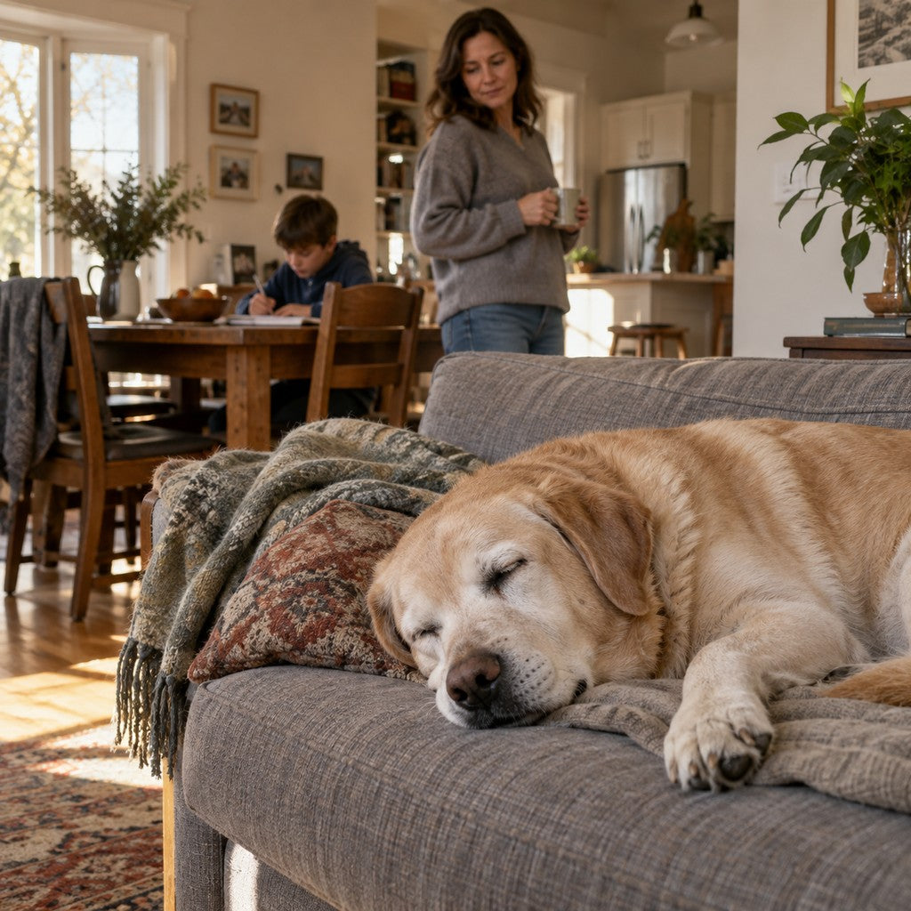 Illustrative senior Labrador sleeping through the afternoon while its caretaker notices