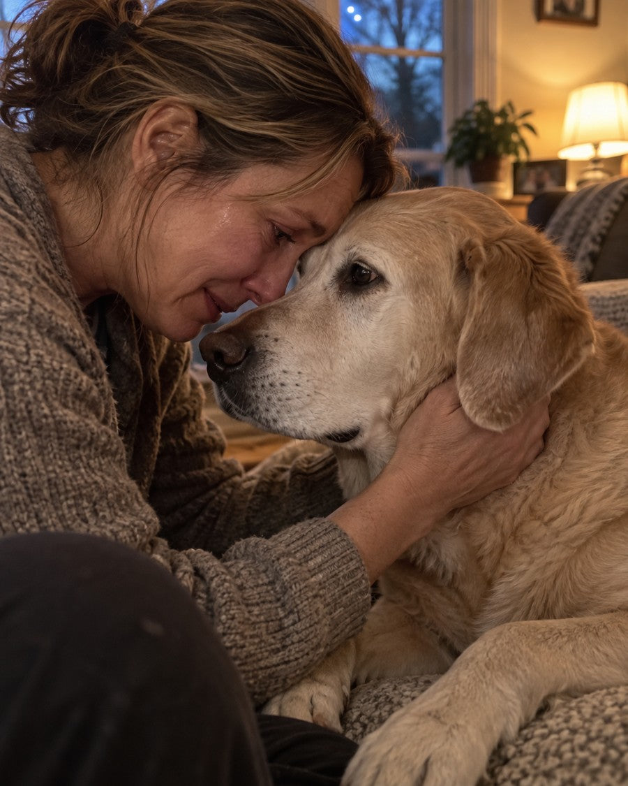 Illustrative caretaker holding her awake senior golden dog close