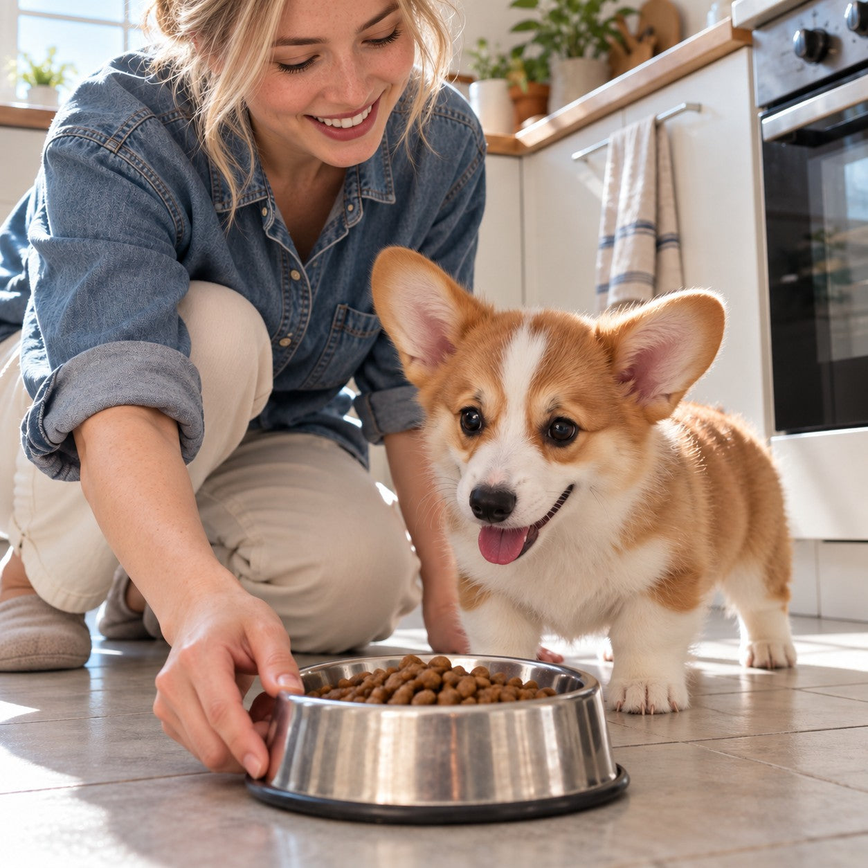 A White woman placing a bowl of kibble beside a corgi puppy in a bright kitchen.