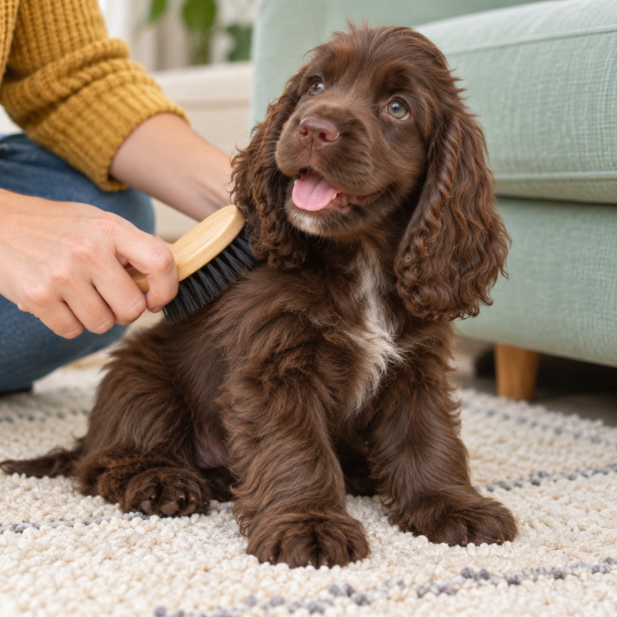 An adult gently brushes the fluffy chocolate coat of a cocker spaniel puppy.