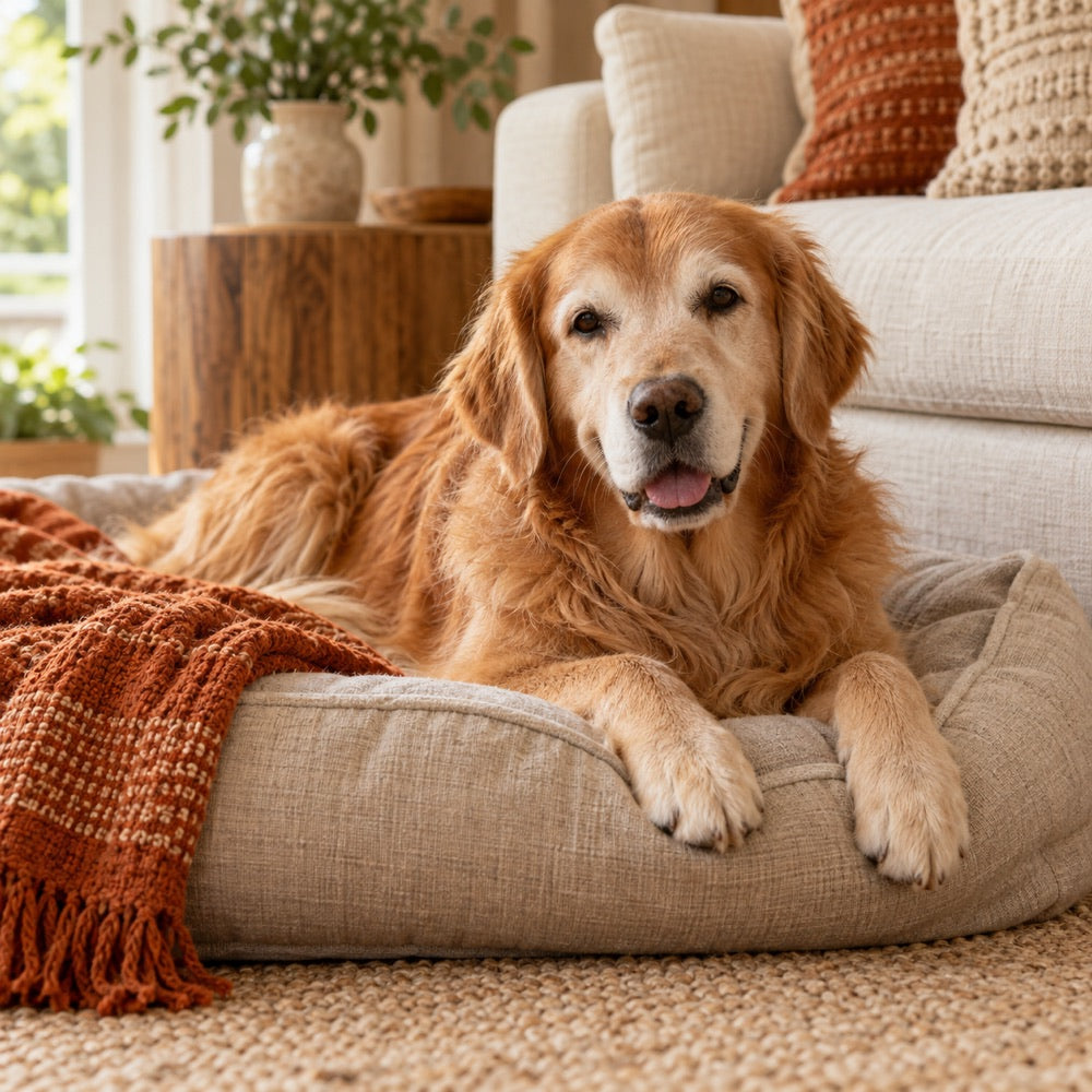 Mature golden retriever resting at home