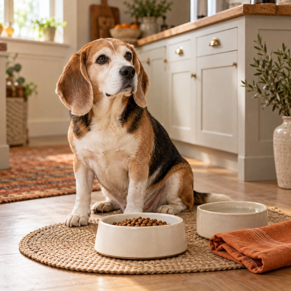 Beagle sitting beside food and water bowls