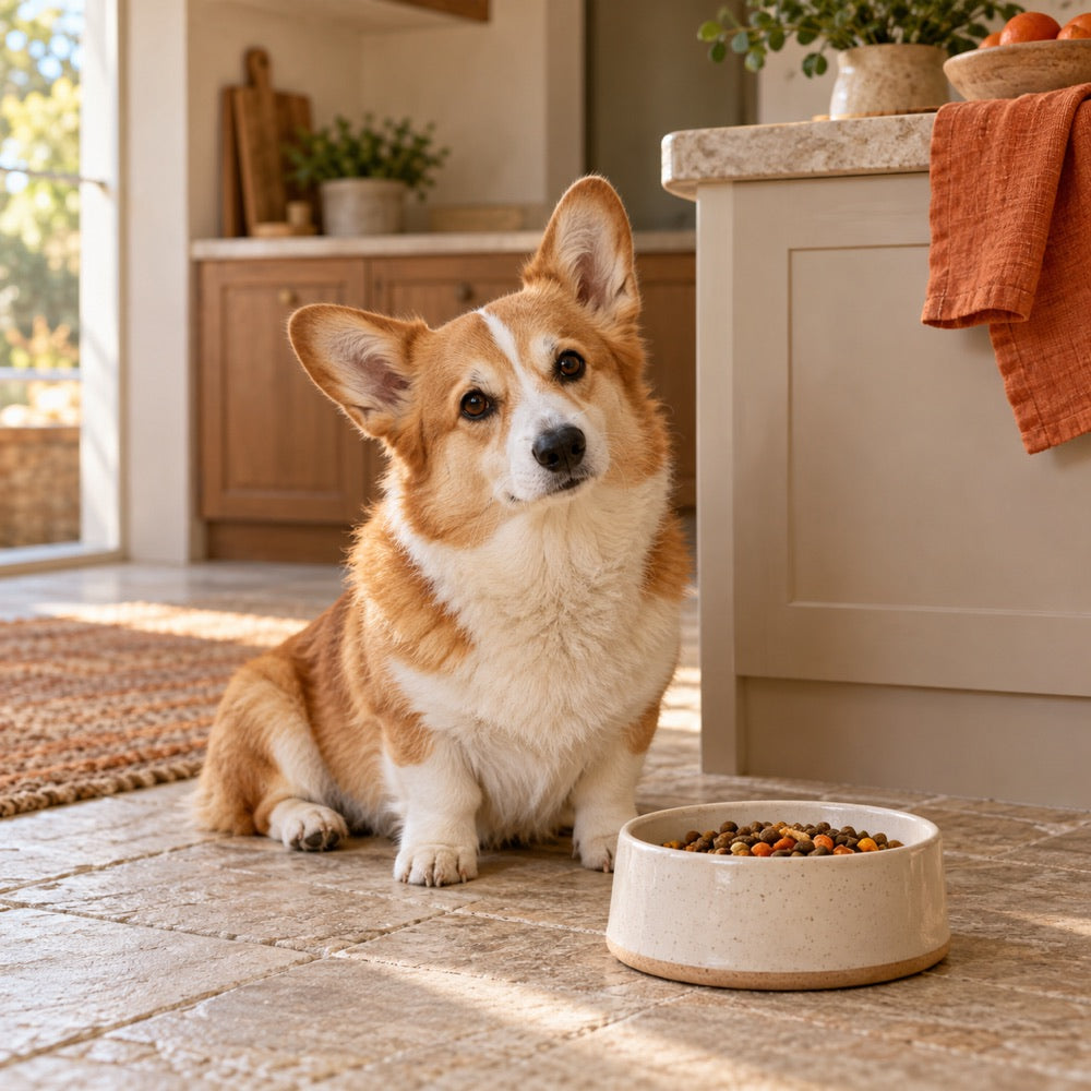 Corgi sitting beside a food bowl