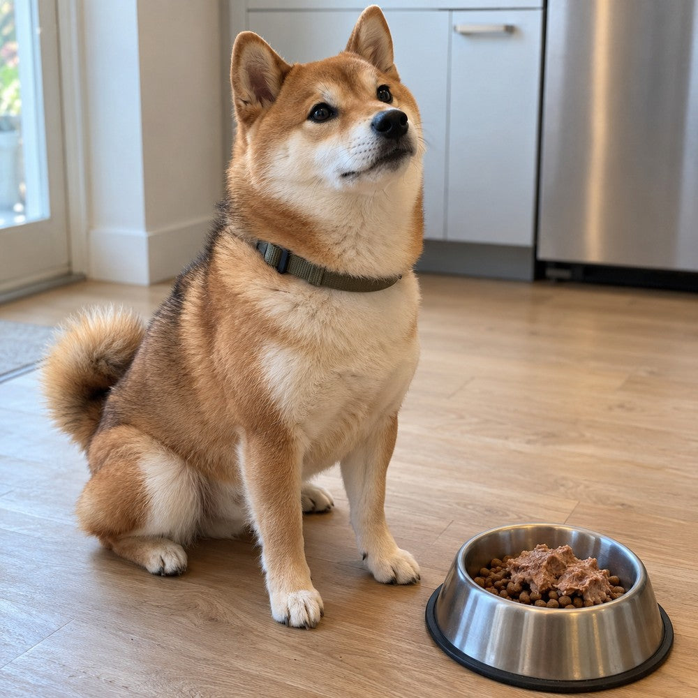 Illustration-style photo: a Shiba Inu sits beside a steel bowl of kibble and wet food in a bright kitchen, looking up at his owner