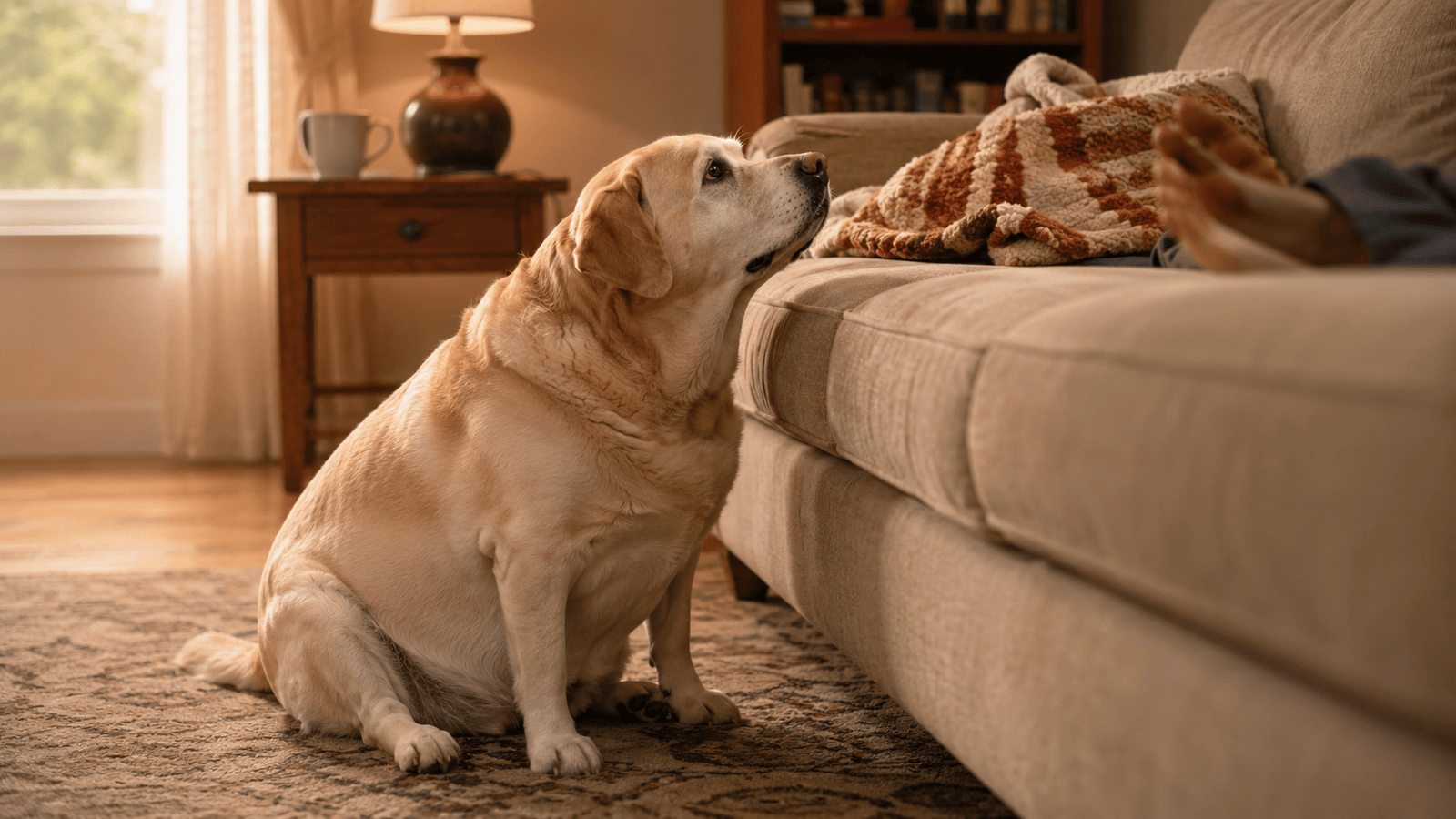 Labrador liegt vor dem Sofa und schaut zu seinem Menschen hoch