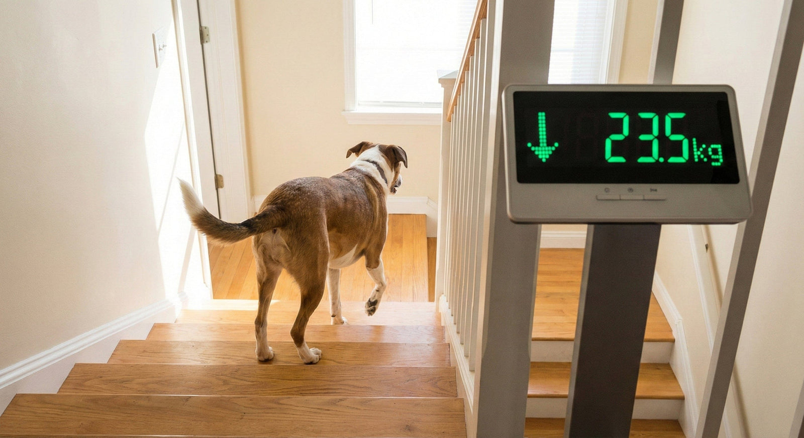 Hund läuft eine Treppe hinauf, daneben eine Waage mit sinkendem Gewicht
