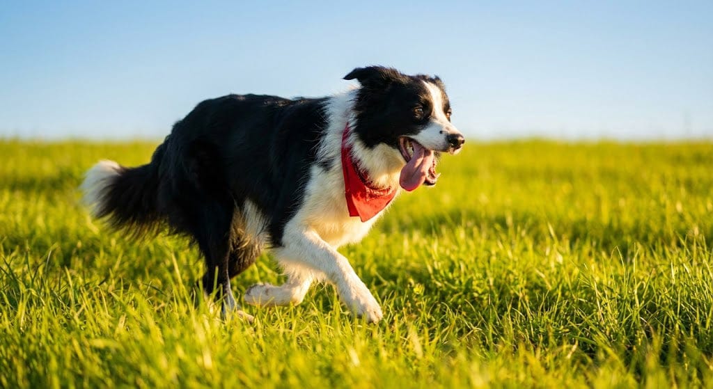 Border Collie läuft fröhlich über eine Wiese
