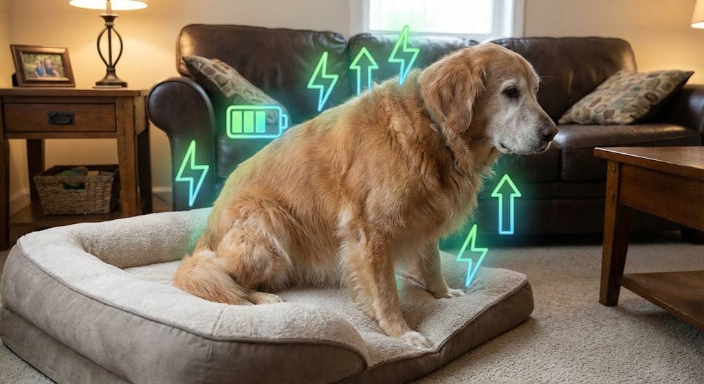 Hund steht in einem Wohnzimmer auf