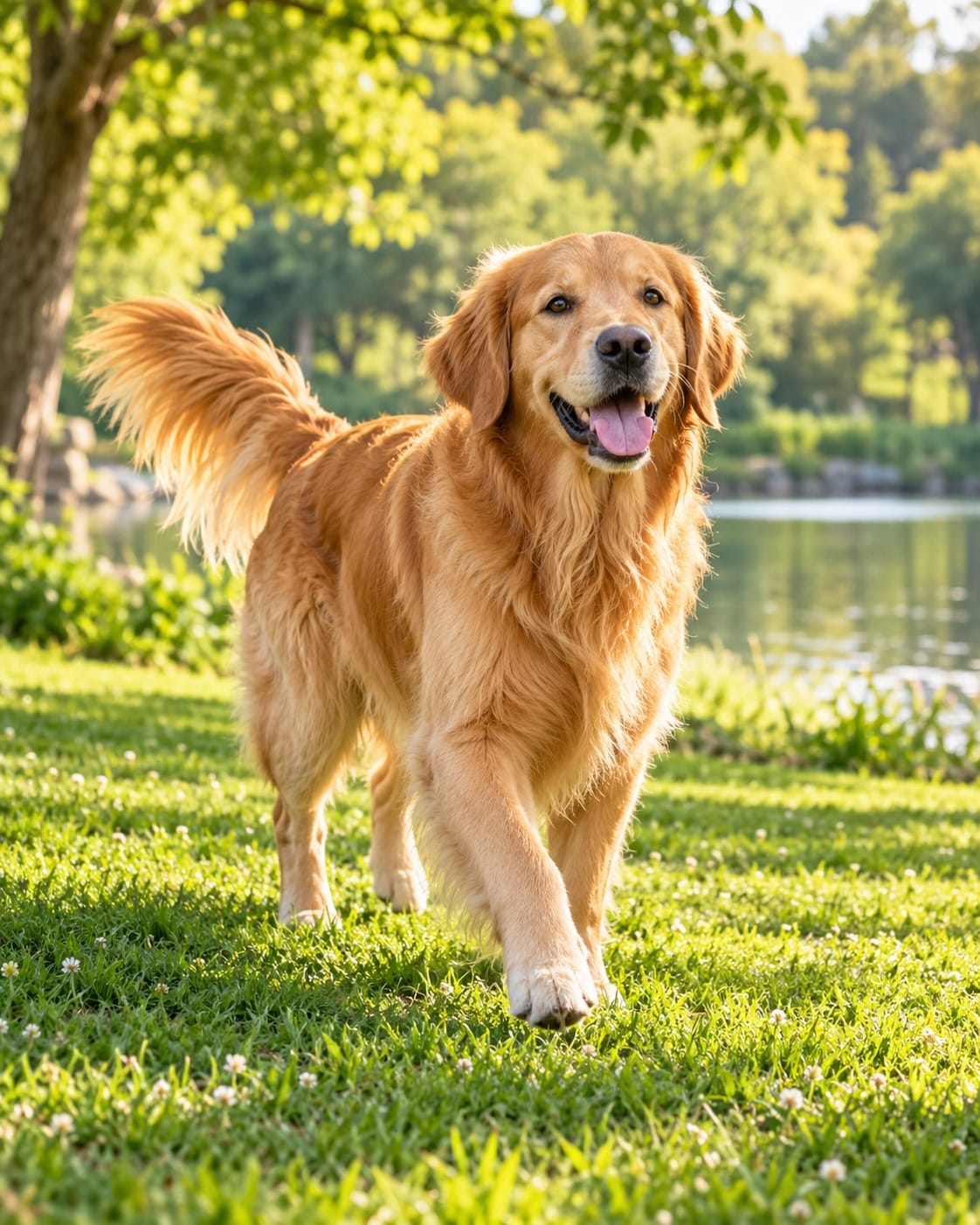 Golden retriever enjoying a park walk